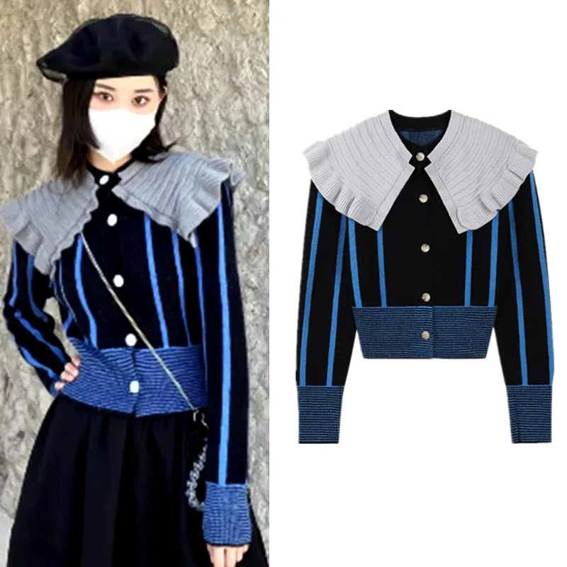 

Женские корейские свитера, кардиган, свитера с большим воротником и оборками, повседневные лоскутные вязаные пуловеры в полоску для вечеринок, трикотаж NZ202