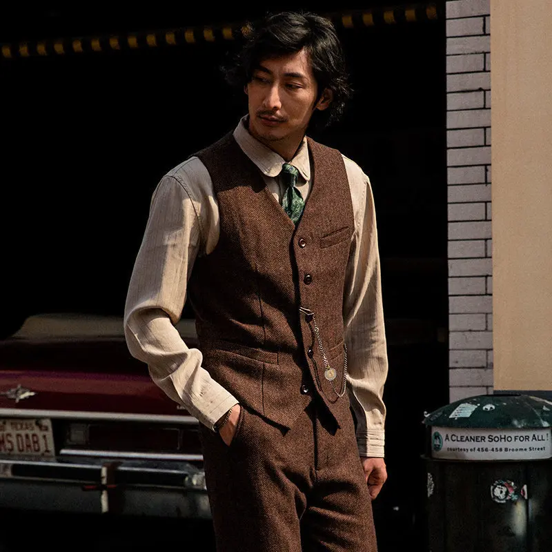 

Soarin Retro British Woolen Tweed Wedding Suit Vest Men's V-neck Button-up Standard Fit Youthful Popular Winter Youth Casual