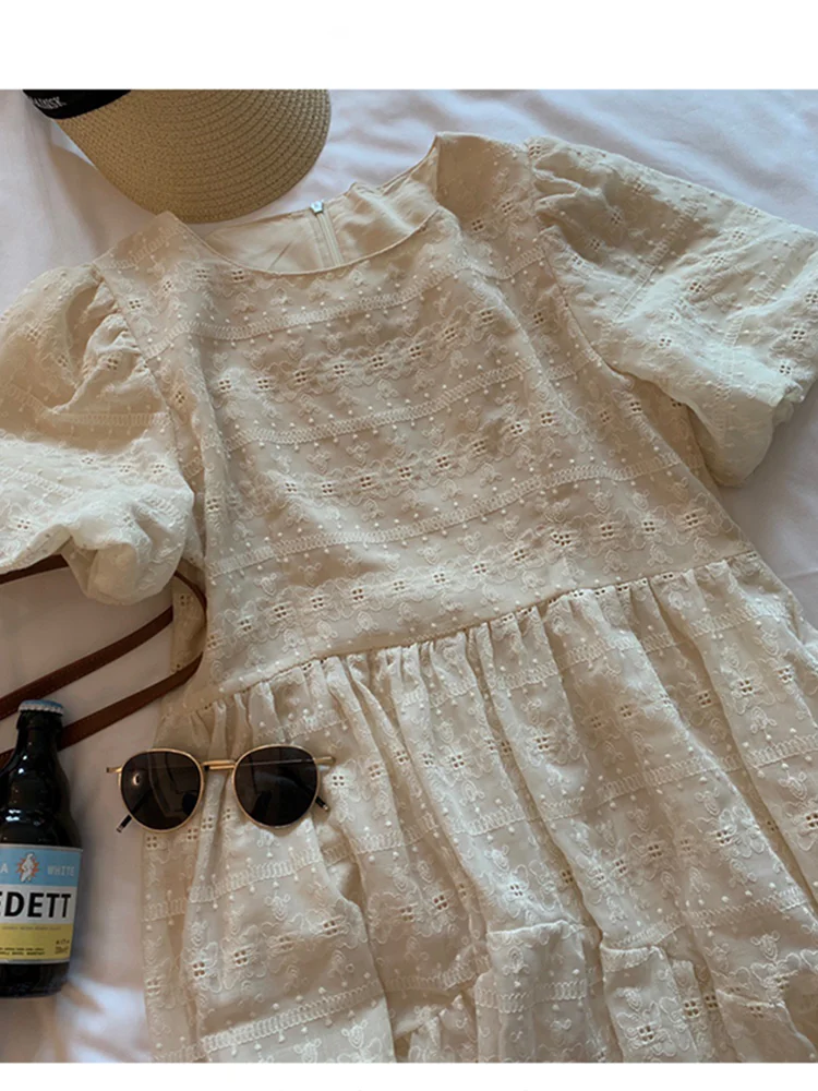 Korean Fashion Off-white Dress Women Summer Embroidered Midi Dress Female Elegant Vintage Loose Casual Puff Sleeve Party Dress