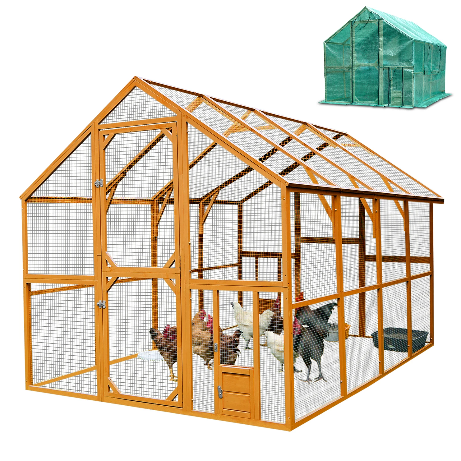 Large Wooden Chicken Coop with Waterproof Cover and Two Doors