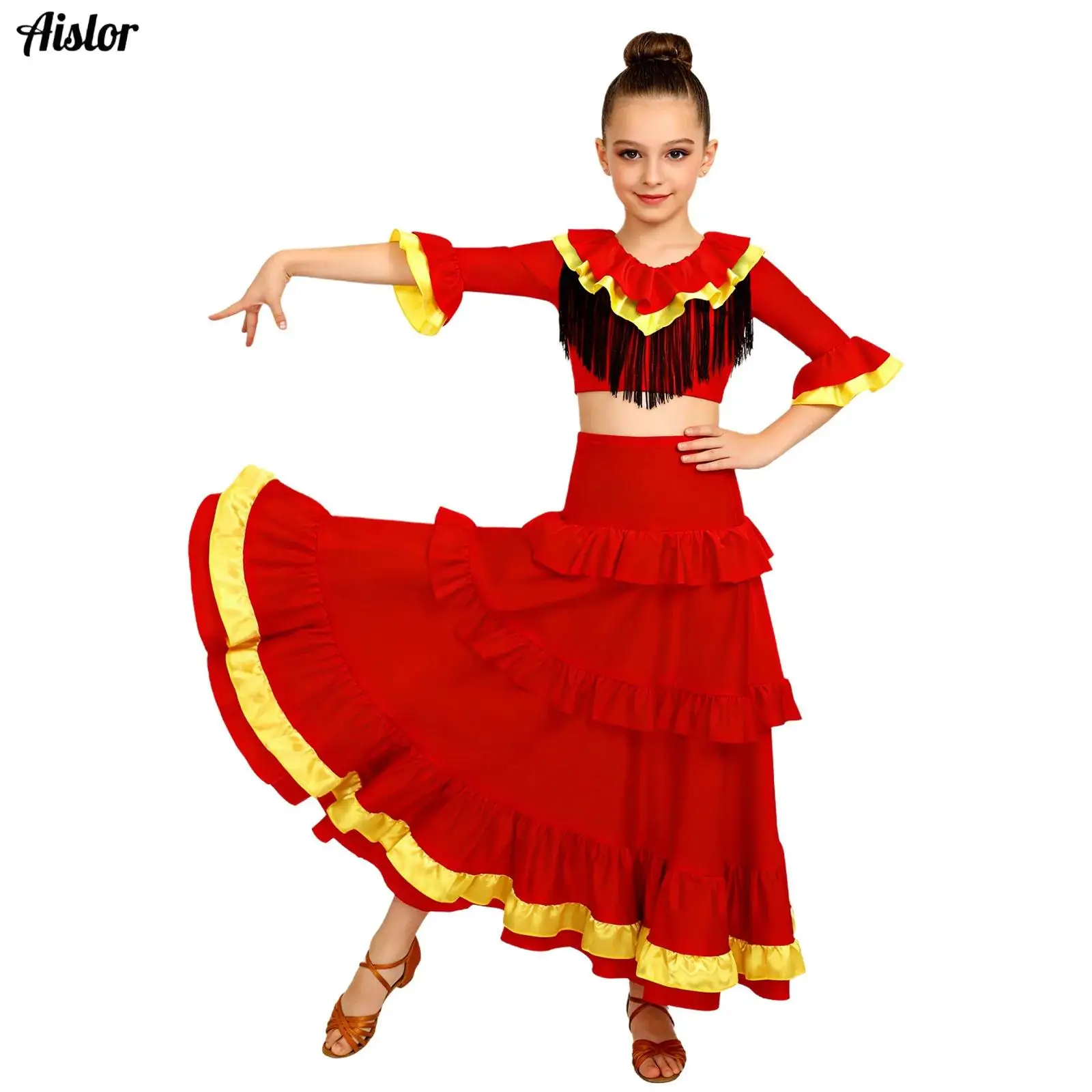 

Kids Flamenco Dancer Suit Child Traditional Spanish Dance Dress for Girls Festival Carnival Stage Performances Dancewear Costume