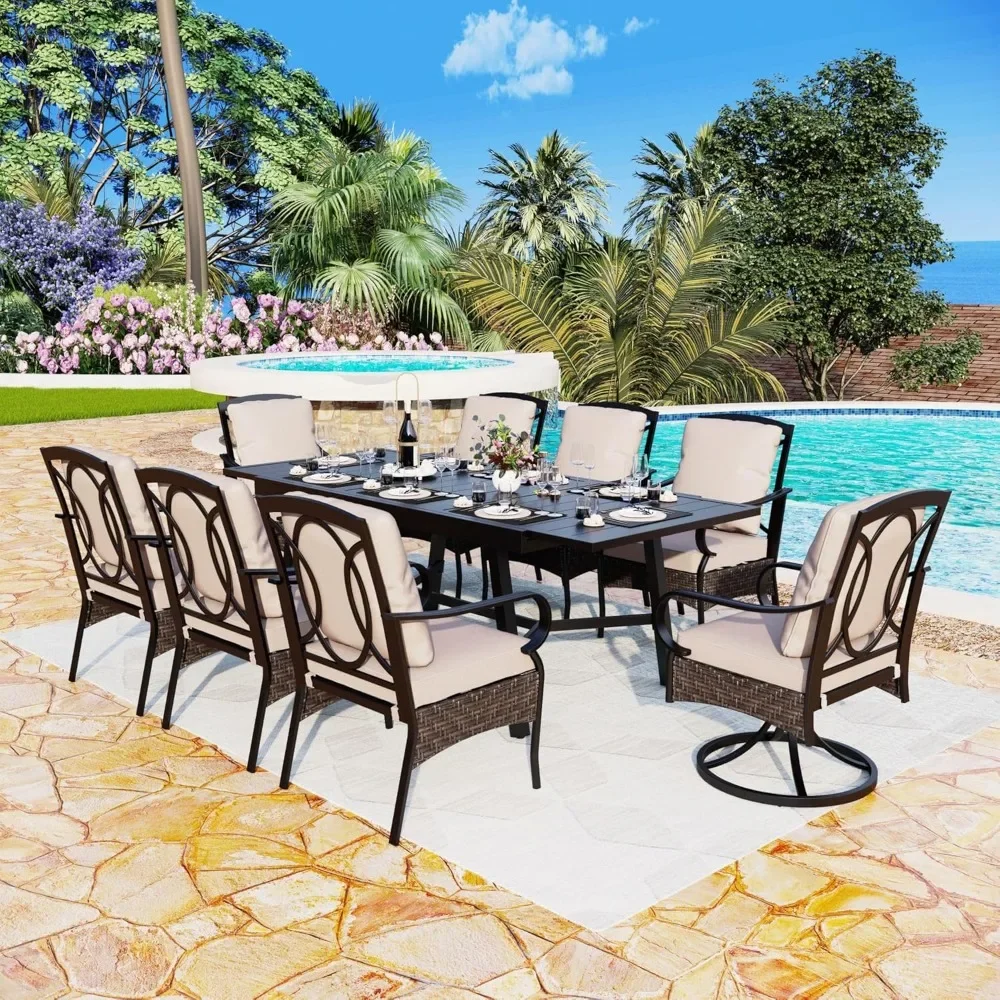 9 Piece Patio Table Set for 8 People, Patio Furniture Set with 2 Rattan and Metal Swivel Chairs and 6 Dining Chairs