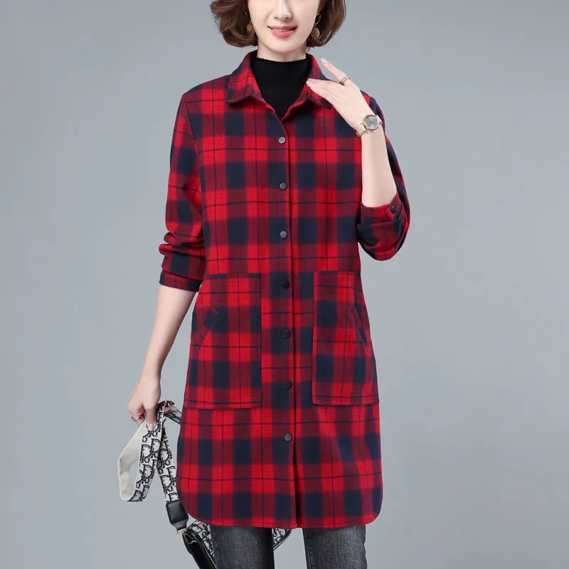 Winter Shirts Warm Tops Women Long Sleeve Vintage Thick Shirt Long Outerwear Female Turn-down Collar Plaid Thicken Blouse NS5518