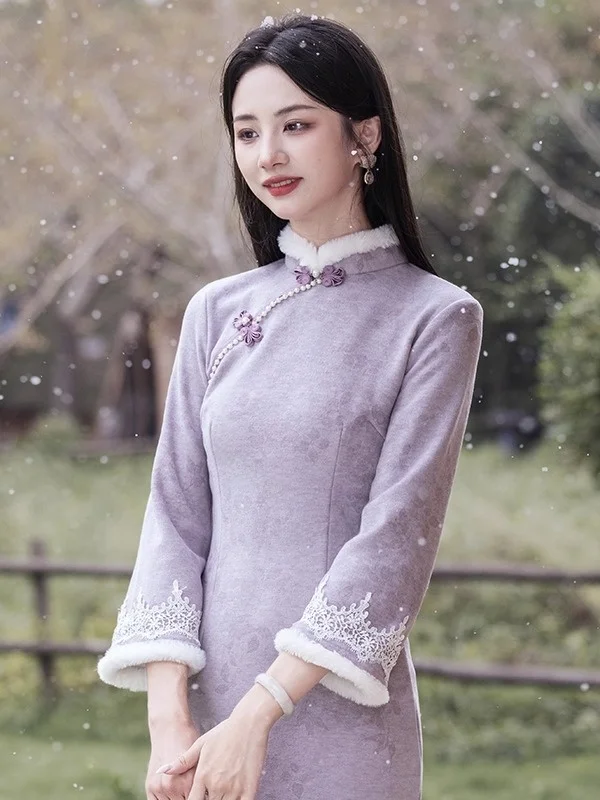 

New Chinese Sle Thiened Fce Lined Warm Mommy Dr Daily Wear Comfortable Long Sve Midi Qipao Gown for Autumn Winter