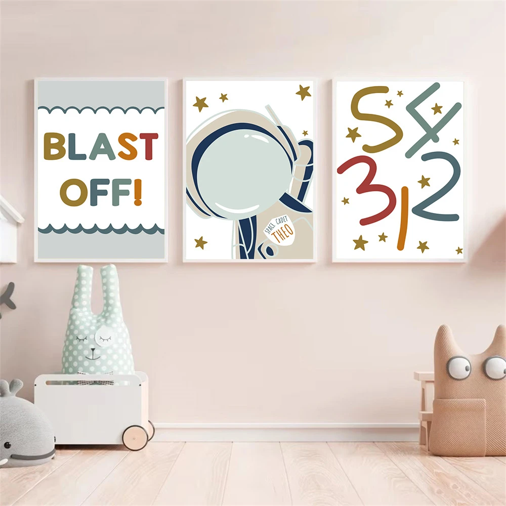 Blast Off Star Spaceman Cartoon Wall Art Canvas Painting Custom Name Posters And Prints Nordic Wall Pictures Kids Boy Room Decor