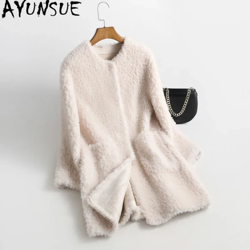 

AYUNSUE 100% Wool Jacket for Women Autumn Winter Mid-length Elegant Sheep Shearing Coat Round Neck Outerwears Roupas Femininas