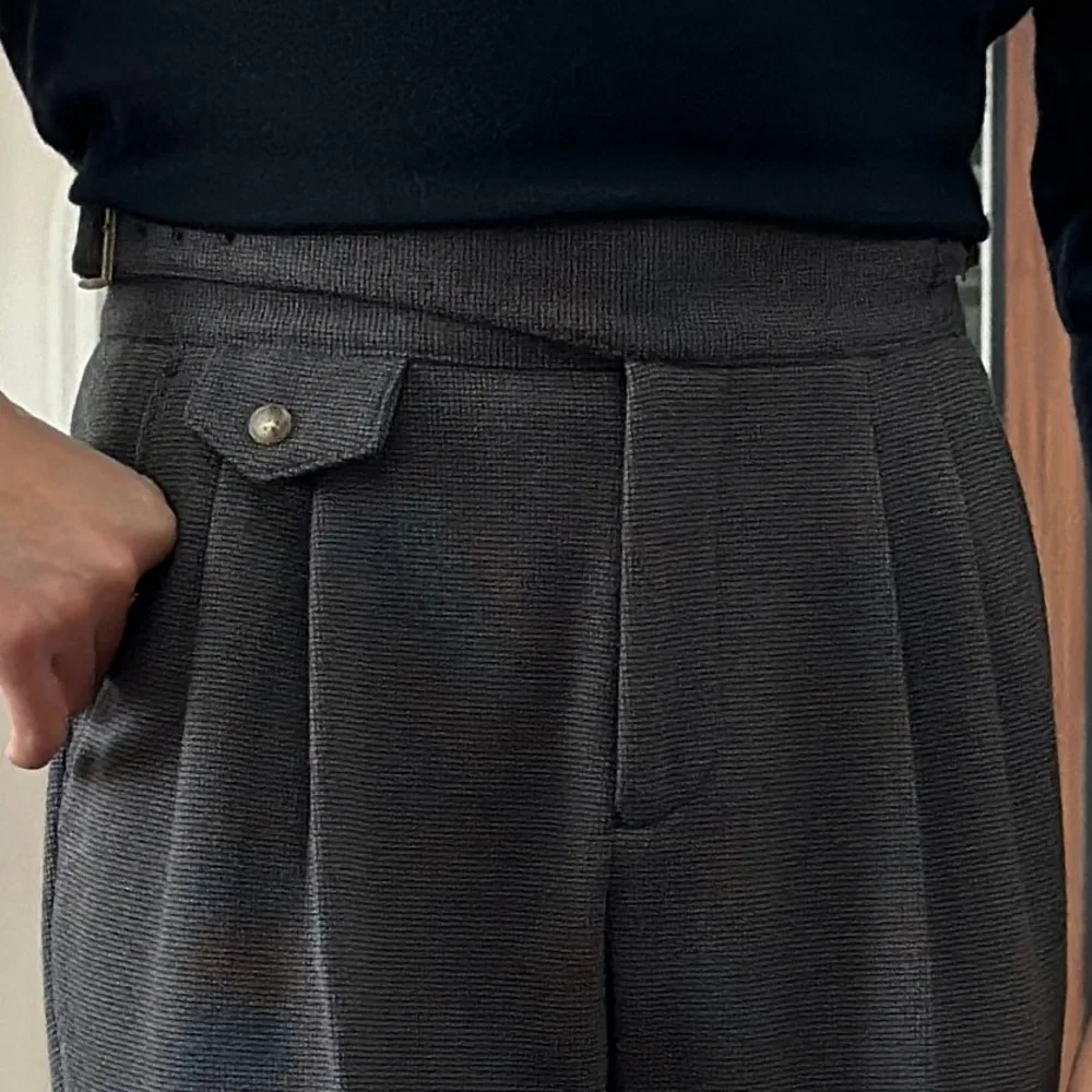 الخريف الشتاء سميكة عالية الخصر مستقيم الأعمال مكتب بنطلون نابولي الراقية الصوفية طويلة بانت للرجال بنطلونات Hombre 2025