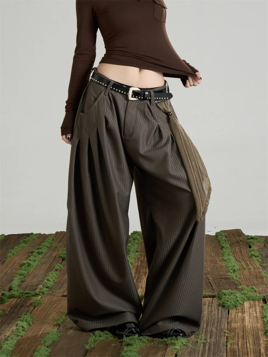 

Брюки женские с низкой посадкой, широкие штанины, весна-осень, винтажные, драпированные, прямые, повседневные, облегающие, свободного кроя