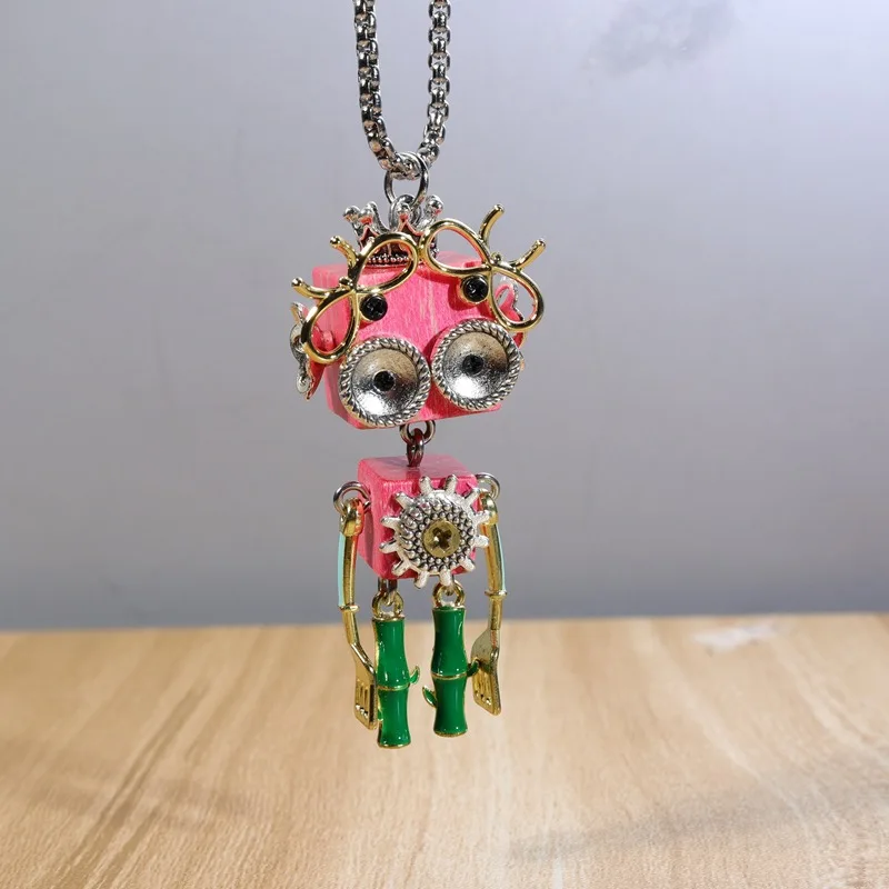 Steampunk Robot Necklace, Pure Handcrafted Diy Creative Doll Pendant X Reward Trendy Toy Wood Grain Pendant