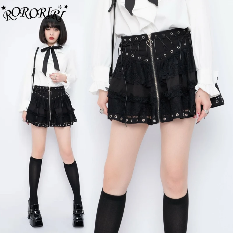 

RORORIRI Metal Eyelets Mini Black Skirt Women Flower Lace Stitch Lace-up Zip-up Cake Skirt Summer Dark Punk Vintage Clothing