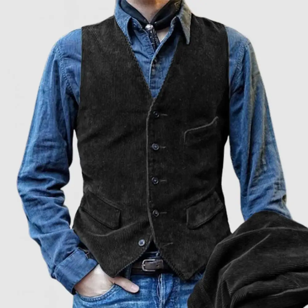 Men Waistcoat V-Neck Sleeveless Single Breasted Vest Coat Solid Color Slim Fit Corduroy Retro Style Waistcoat with Pockets