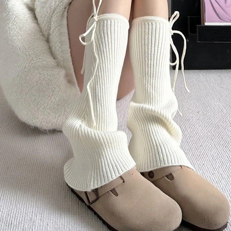 Winter Warm Lolita Knitted Leg Warmers Y2K Lace-up Solid Color Long Socks for Women Stacked Stocking Foot Cover Soft Boot Cuffs