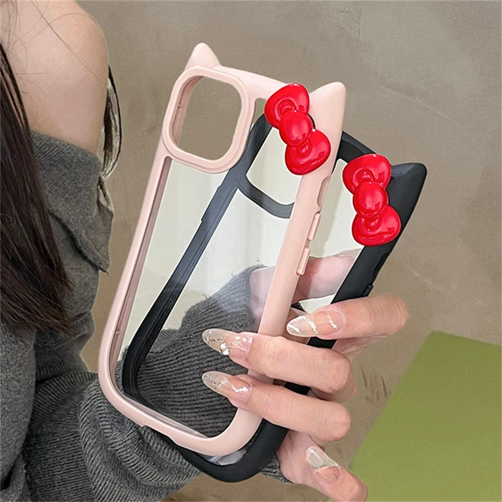 Kawaii 3D Bowknot Cats Ear Clear Case For iPhone 16 Pro 15 14 13 11 12 Pro Max 15 Plus X XR XS Korean Cute Girl Silicone Cover