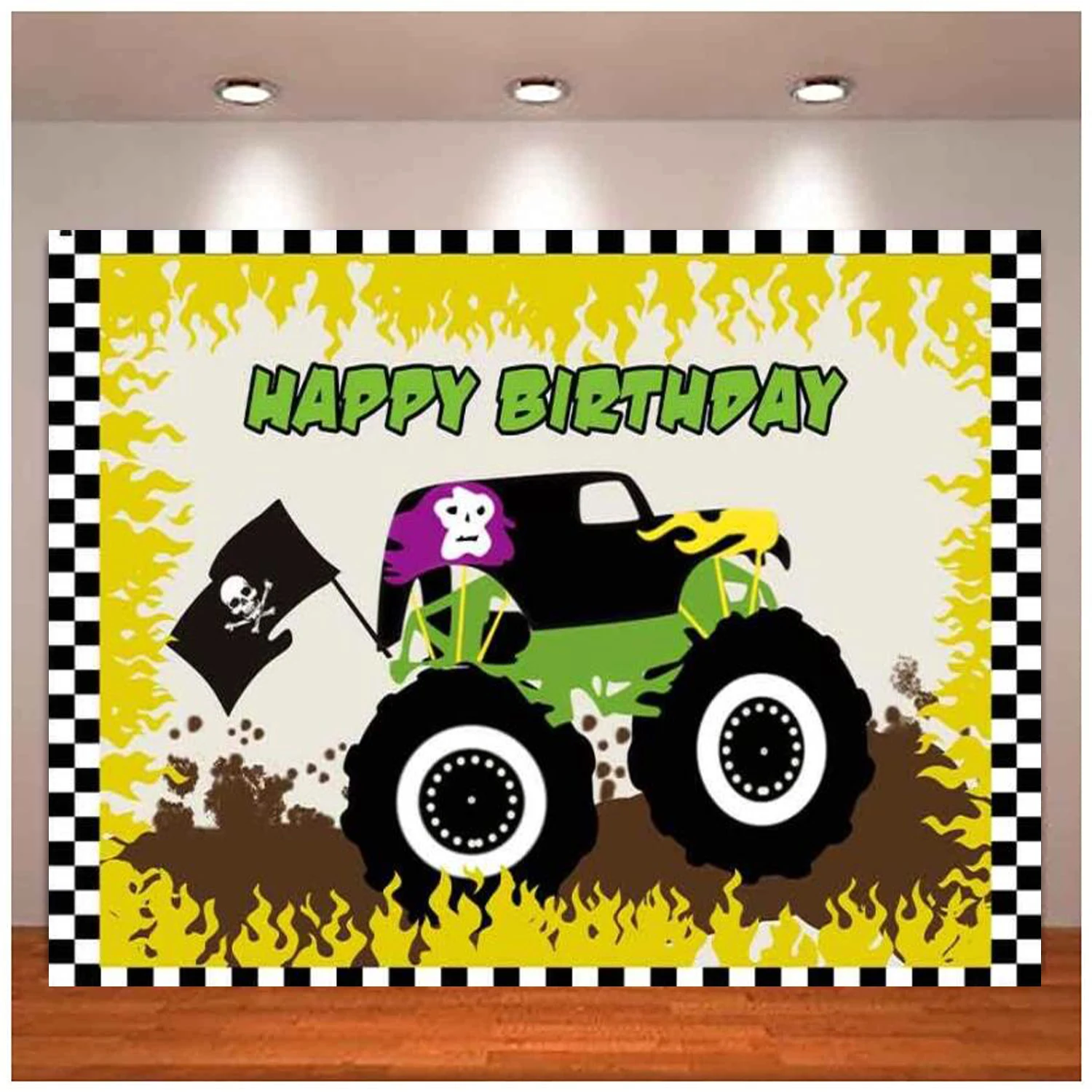 Monster Truck Photography Backdrop Racing Background Kids Car Themed Birthday Party Photo Booth Banner for Cake Table Supplies