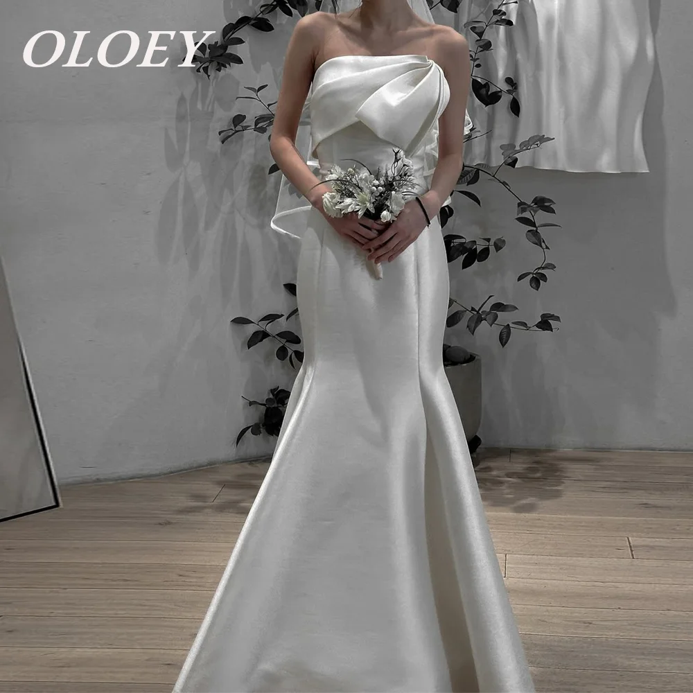 

OLOEY Elegant Strapless Mermaid Wedding Dresses Pleated Soft Satin Korea Photoshoot Bridal Gowns Floor Length Lace-up Back