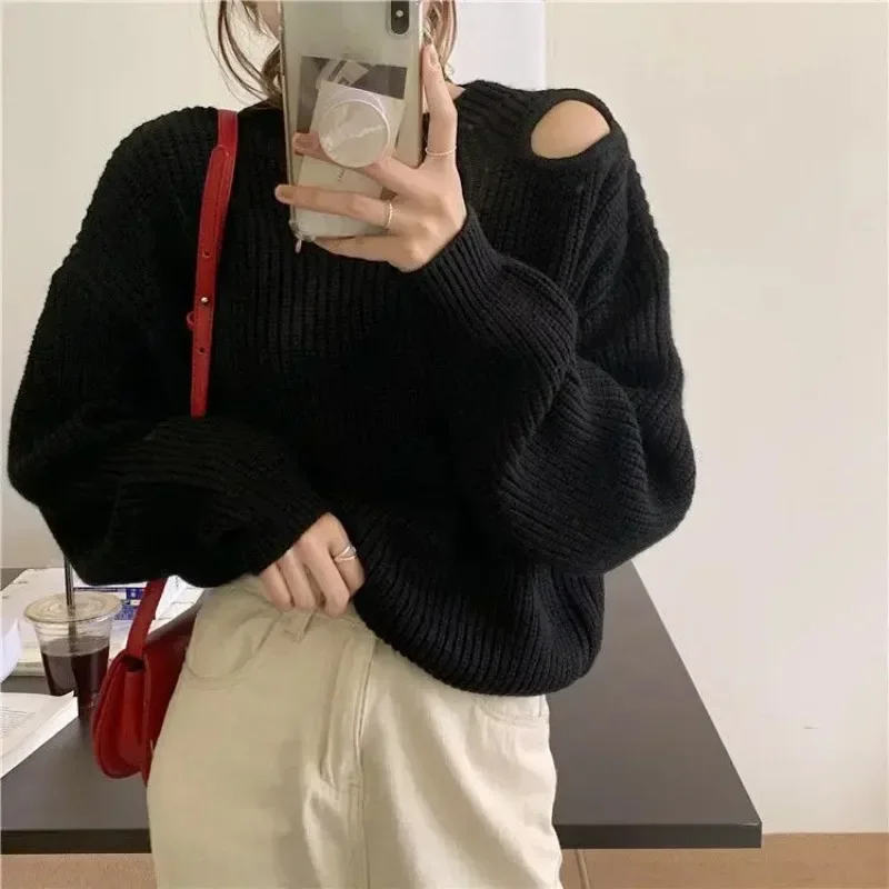 Black Women's Sweater Pullovers Off The Shoulder Round O Neck Grey Knit Tops for Woman Autumn Winter 2024 Trend Aesthetic Jumper