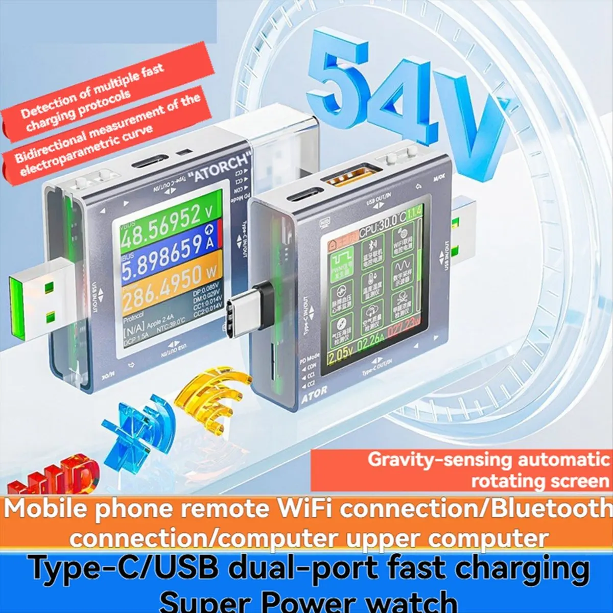 AU47-USB Tester Multi-Function Digital Display Voltage Current Monitor Power Meter PD3.0 Fast Charge with WIFI IoT Module