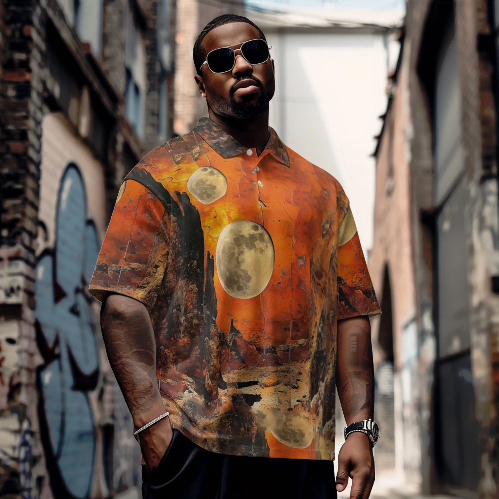 

Large men's summer short sleeved lapel Lunar Terrain Color Print Short Sleeve Daily casual button polo shirt
