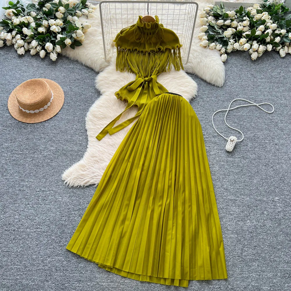 

Шикарный винтажный тонкий элегантный сказочный корейский модный сарафан в стиле бохо с кисточками и короткими рукавами, женская одежда, комплект из двух предметов