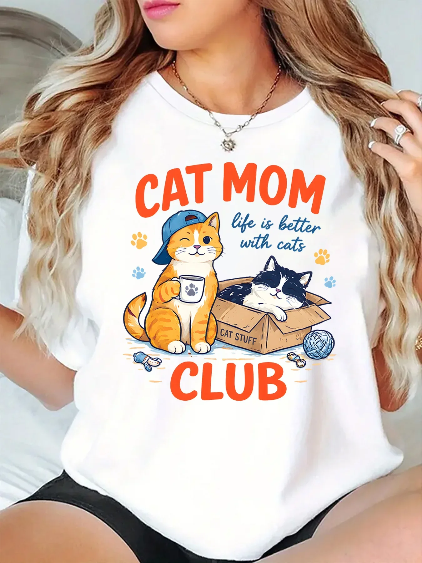 Cat Mom Club Cute Cats Paw Print Life Is Better With Cats Graphic Womens T Shirt Short Sleeve Crew Neck Casual Ladies Tee Tops