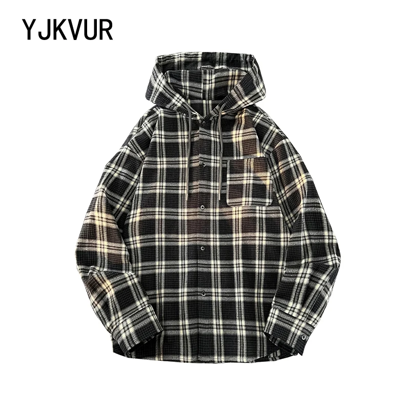 YJKVUR High Standard 2025 Spring New Super Loose Plaid Shirts Men Washed Vintage Fabric Long Sleeve Casual Check Hooded Shirts