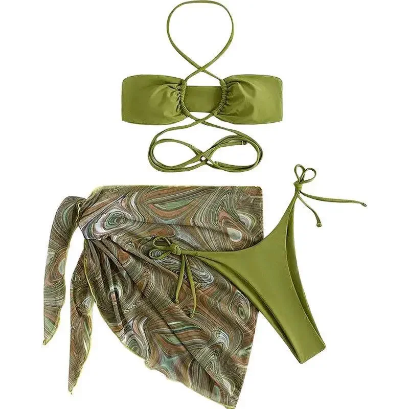 8 colori bikini a tre pezzi Set donna costumi da bagno Sexy costume da bagno coulisse cinghie incrociate gonna con stampa a rete costume da bagno da spiaggia femminile