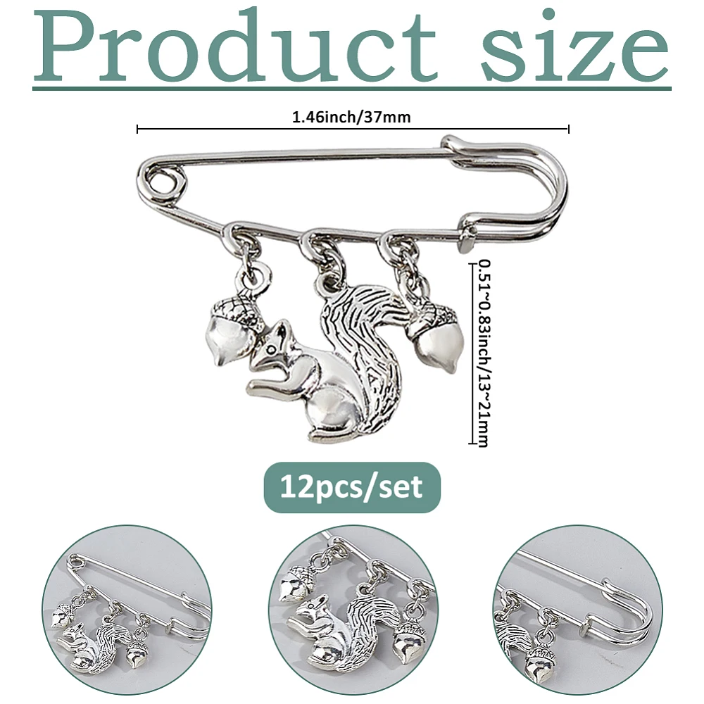 12PCS Squirrel Brooch Pins Cute Animals Brooches Metal Lapel Pin Sweater Shawl Clips Silver Safety Pins with Squirrel and Pine