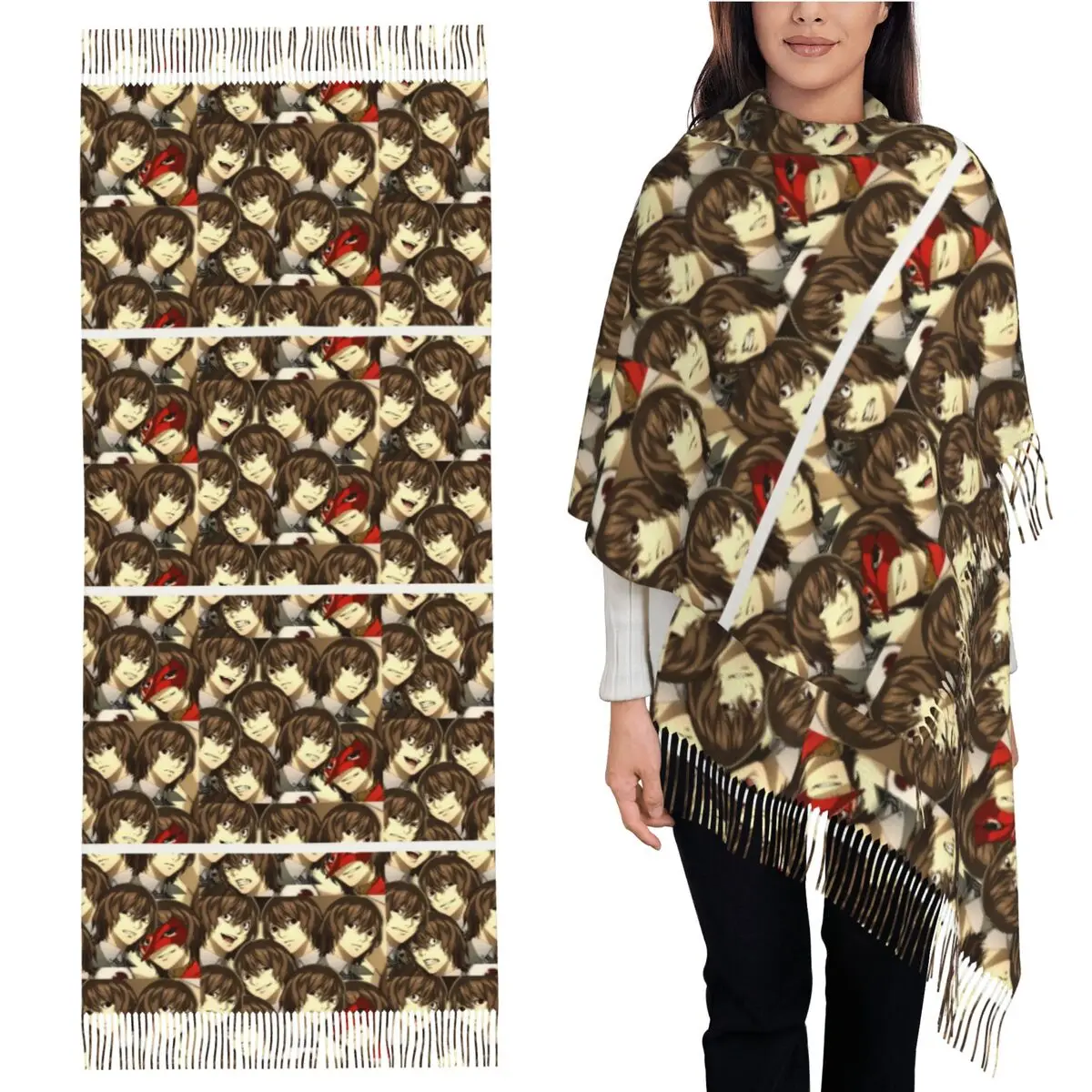 

Шарф Many Faces Of Goro Akechi, шарфы с кисточками, женские мягкие теплые шали и накидки, большая осенне-зимняя шаль