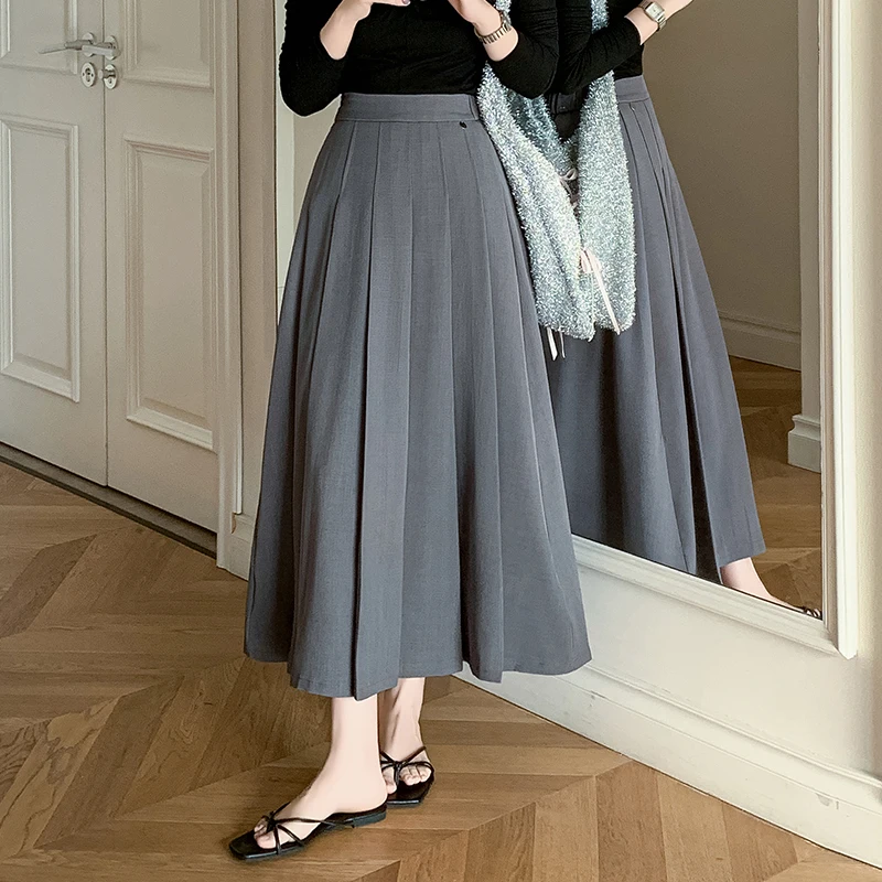 

New Fashion High Waist A-line Pleated Long Skirts Women 2025 Spring Summer Casual Skirts Ladies Solid Color Elegant Suit Skirt