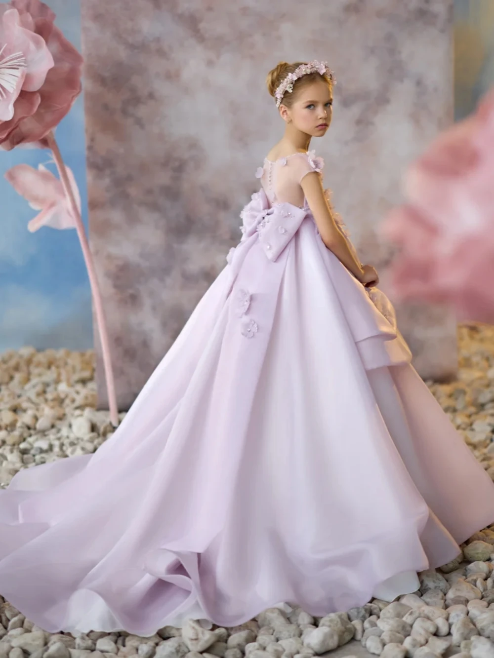 สีม่วงหรูหราลูกปัด 3D ดอกไม้สําหรับเต้นรํา Charming น่ารักโบว์เจ้าหญิงชุดเด็กชุดแต่งงานลดราคา