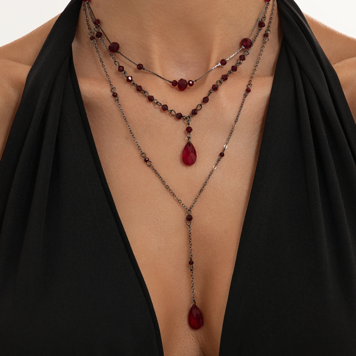 SHIXIN 3Pcs/Set Gothic Crystal Blood Drop Necklace Women Y Shape Tassel Pendant Layered Chain Halloween Party Retro Jewelry Gift