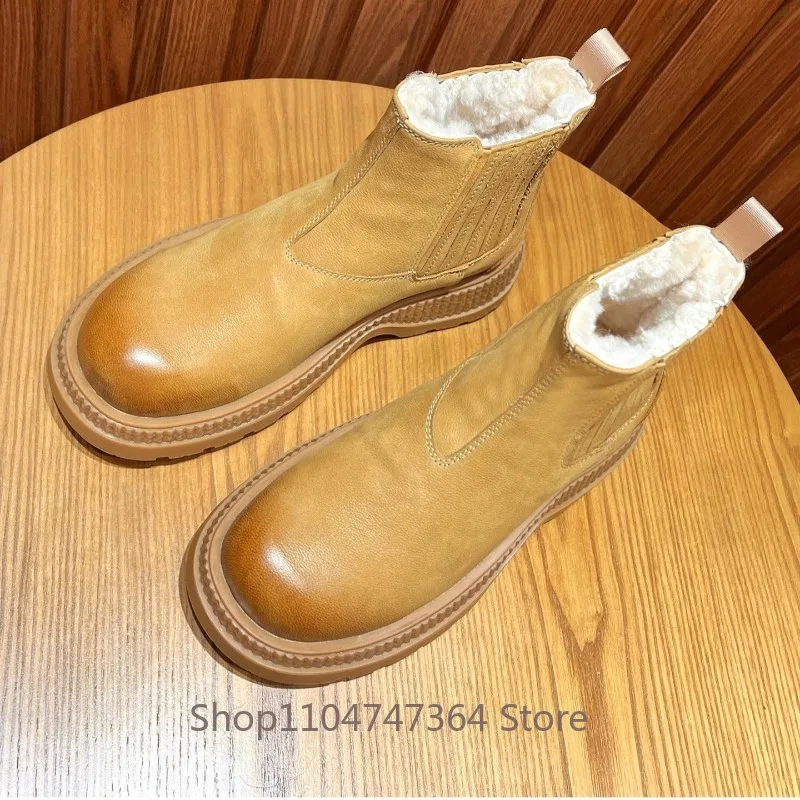 Genuine Leather Chelsea Snow Boots Men's Wool Fur Elastic Sides Thick Platform Non‑Slip Warm Winter Ankle Boots Outdoor Shoes