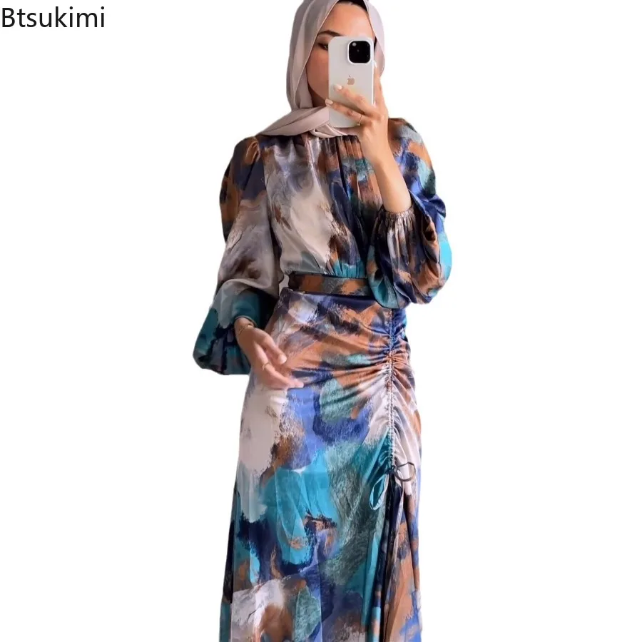 Fashion Elegant Contrast Print Pleated Dresses for Women Half High Collar Lantern Sleeve Drawstring Maxi Dress Muslim Robe Femme