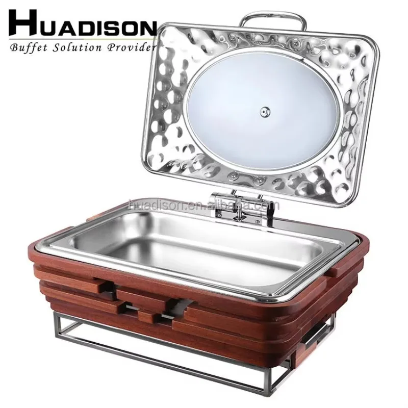 Decorative Hammered Surface Stainless Steel Chafing Dish Silver Finish With Wooden Base Commercial Catering Food Warmer For Wedd