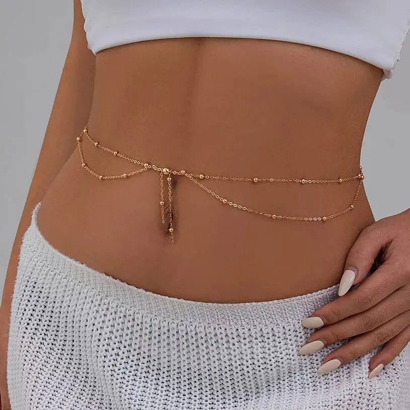 KunJoe Multilayer Gold Color Thin Bead Chain Waist Belly Chain for Women Sexy Bikini Dress Belt Summer Beach Body Jewelry Gift