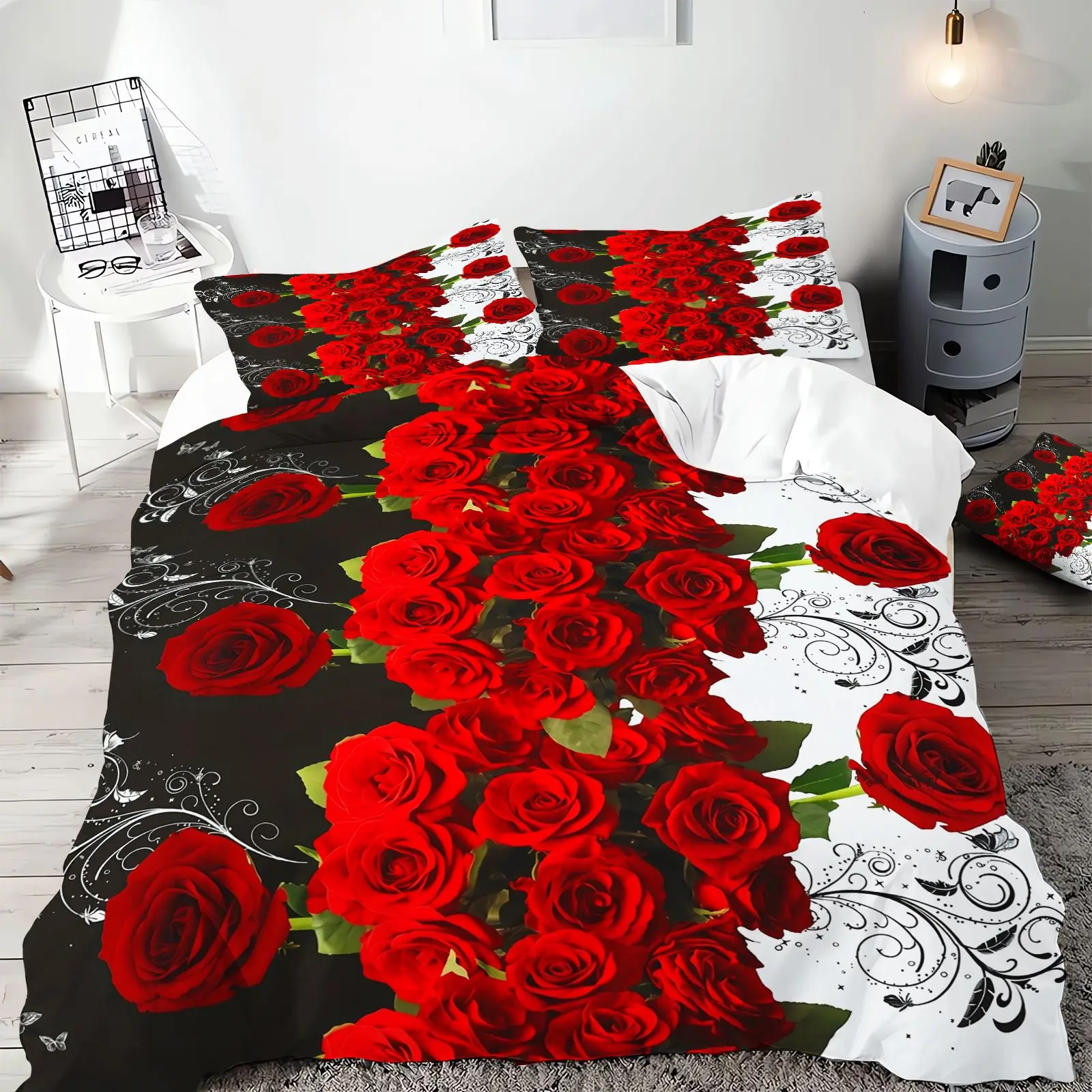 Duvet Cover Set Red Rose Floral Black Background Pattern Bedding Set Romantic Valentine Quilt Cover for Bedroom
