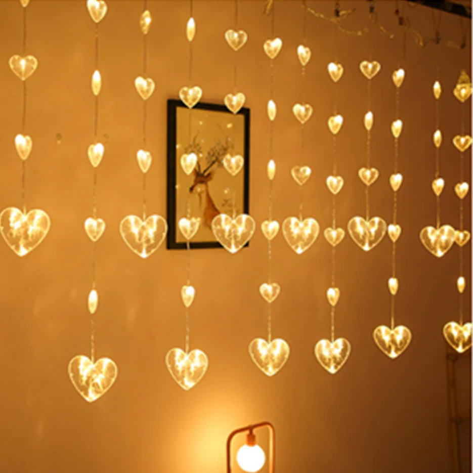 Romantic Heart-Love Curtain Lights Stirng Wedding Fairy Heart-Shaped Decor Lamp for Holiday Party Bedroom Garden Decoration