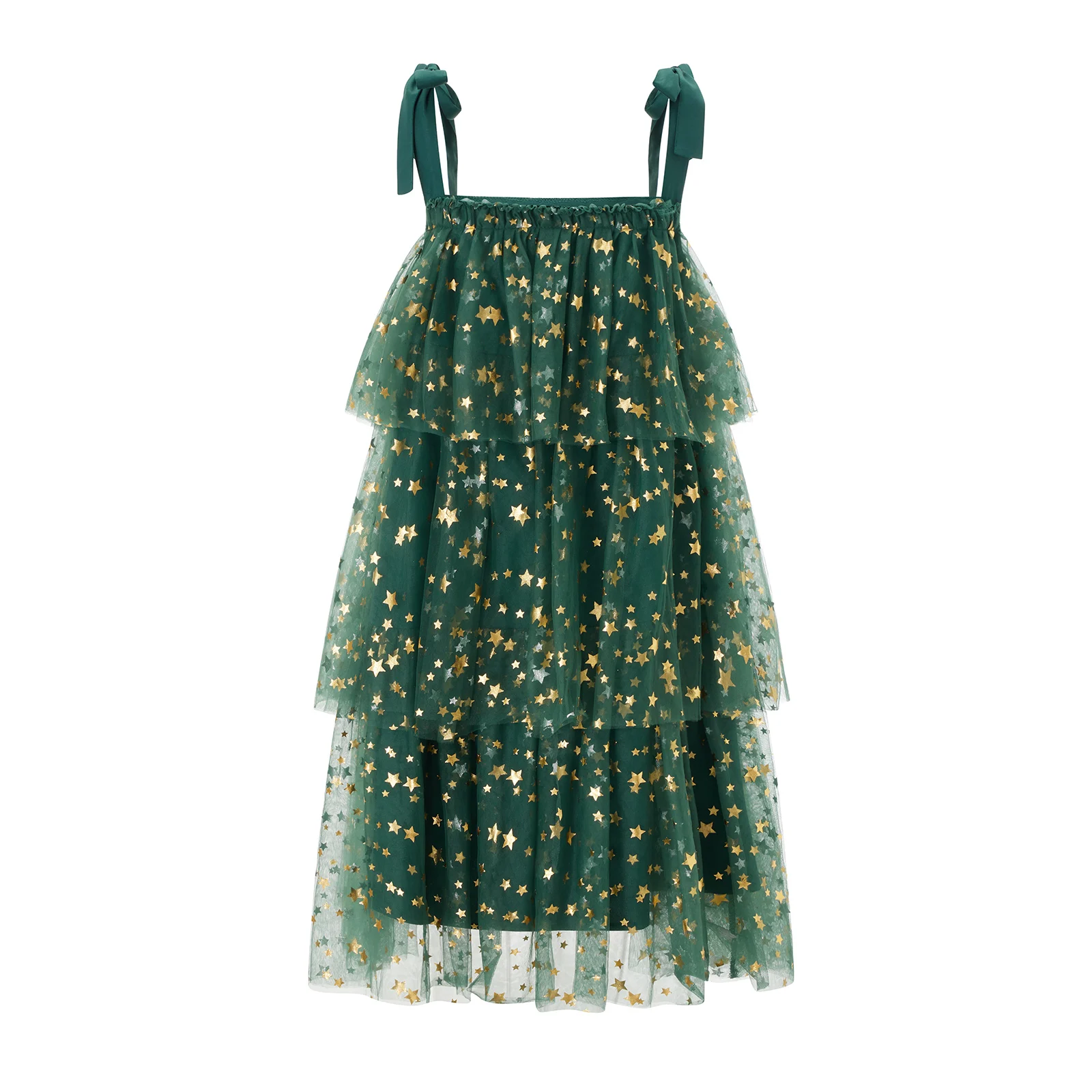 Strap Star Print Tiered Cake A-Line Tulle Dress Women's Christmas Sleeveless Patry Dress