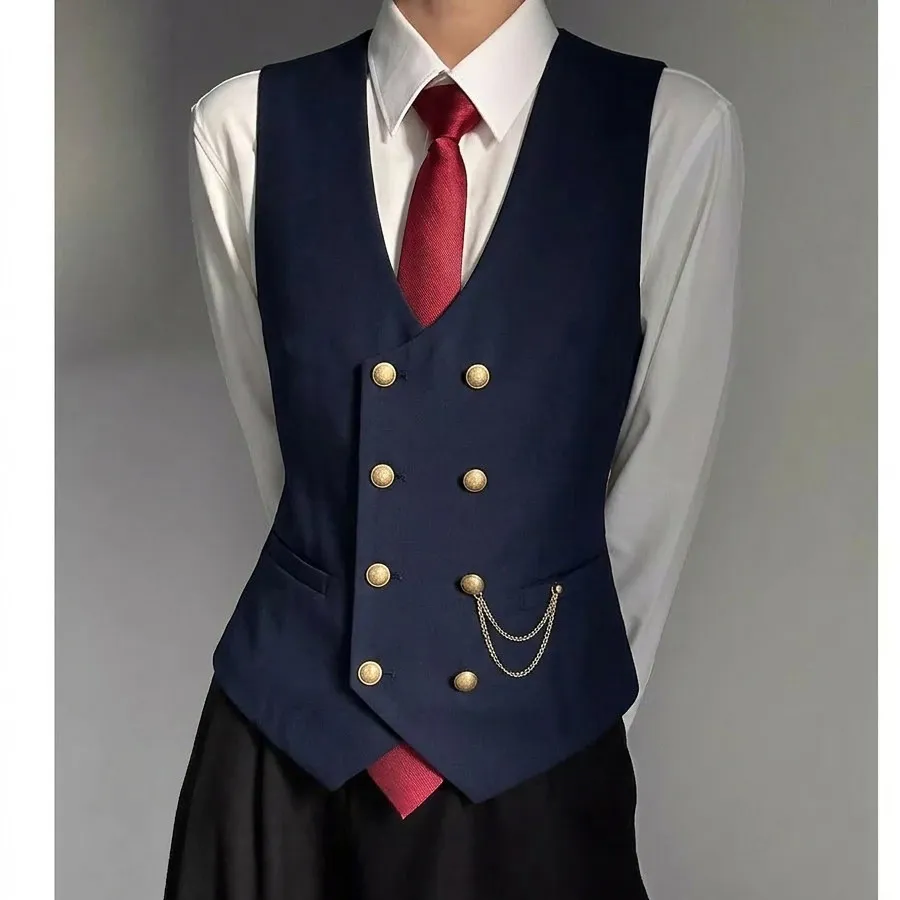 

Мужской двубортный жилет в британском стиле с V-образным вырезом для повседневного делового образа, свадеб, вечеринок, смокингов и униформы