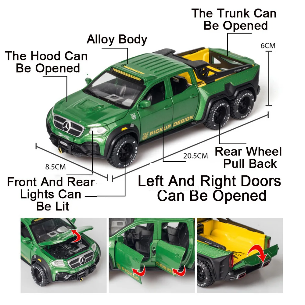 1:28 X-Class Exy 6x6 F150 6x6 Model Cars Alloy Diecast Toy Pull Back Pickup Truck Sound Light Off Road Vehicle Boy Birthday Gift