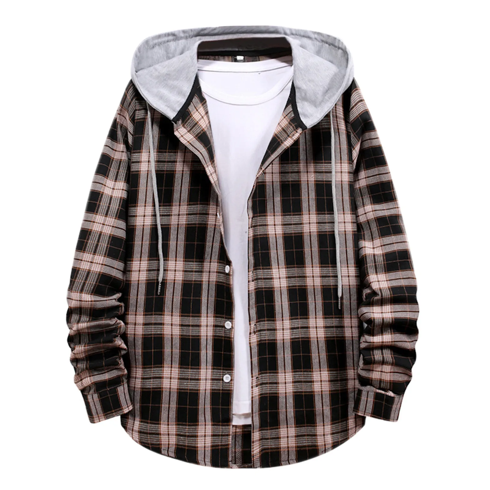 Oversized Plaid Print Hooded Shirts Men Casual Autumn Long Sleeve Shirt Single Breasted European American Holiday Blouse