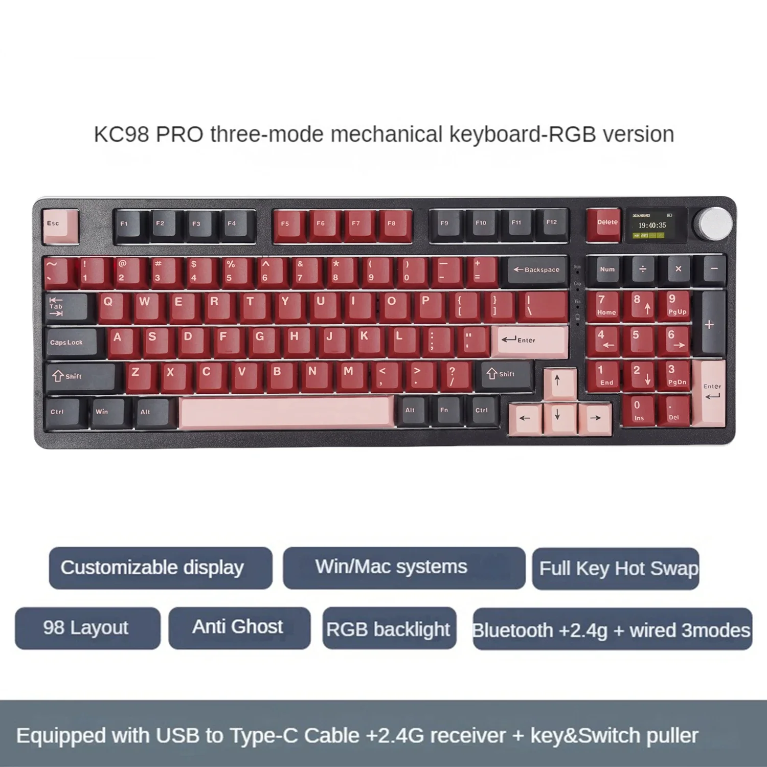 

MATHEW TECH KC98 Pro RGB Mechanical Keyboard with Display BT5.0/2.4G/USB 98keys Hot Swappable Wireless with Volume Knob