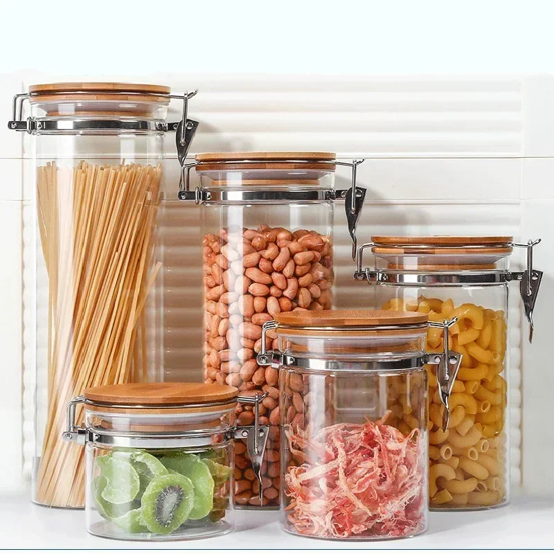 1pcs Stainless Steel Buckle Glass with Bamboo Lid Food Sealed Jar Candy Grains Household Kitchen Organizer and Storage Container