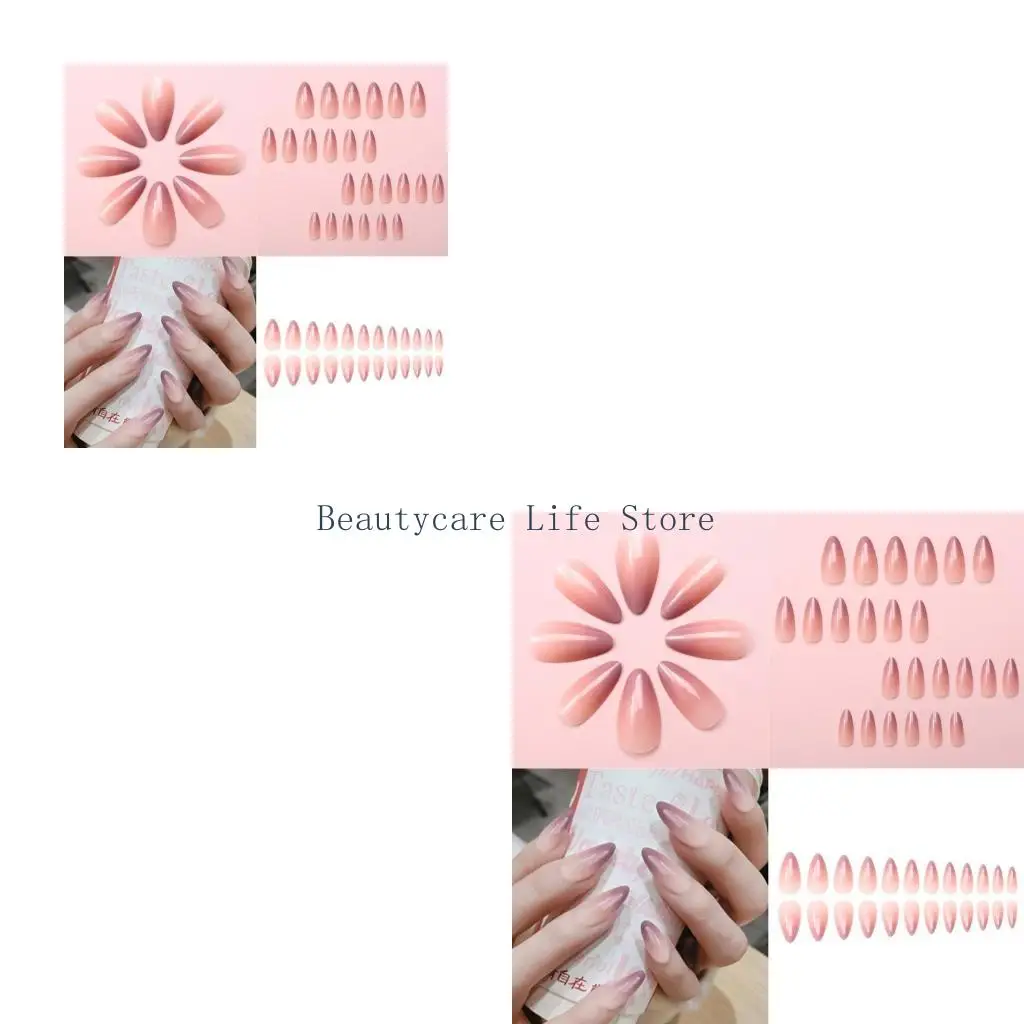 652C Almond Press On Nails Pink White Gradient Acrylic 24pcs for Girls and Women