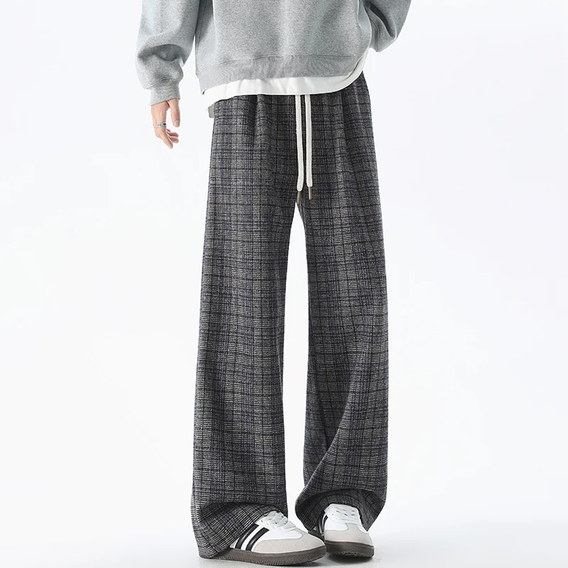 Autumn Winter Men's Plaid Sweatpants Thick Warm Long Straight Jogging Pants Drawstring Casual Check Trousers Male