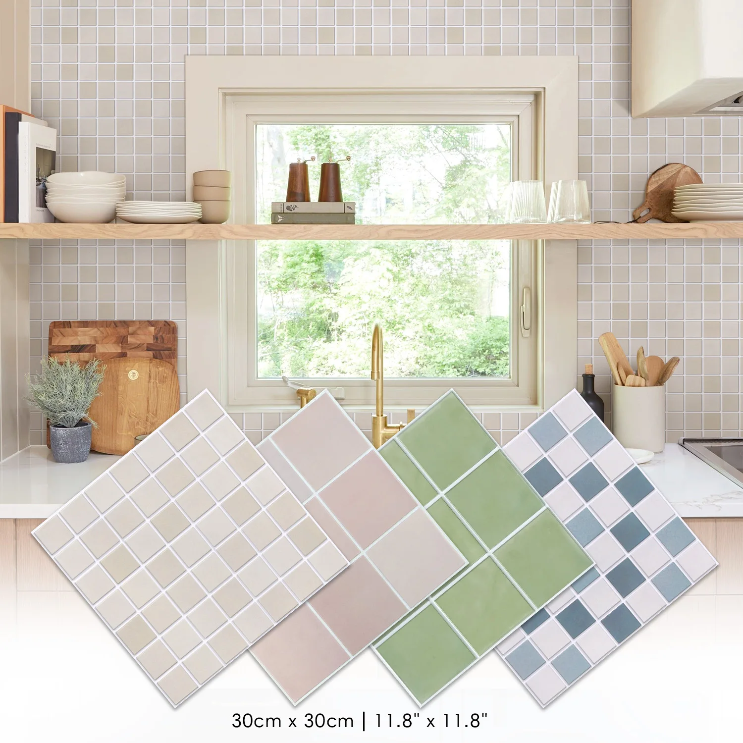 10PCS Beige 3D Mosaic Wall Panels, PVC Peel and Stick Tiles, Waterproof, Decorative Wall Covering for Kitchen & Entryway