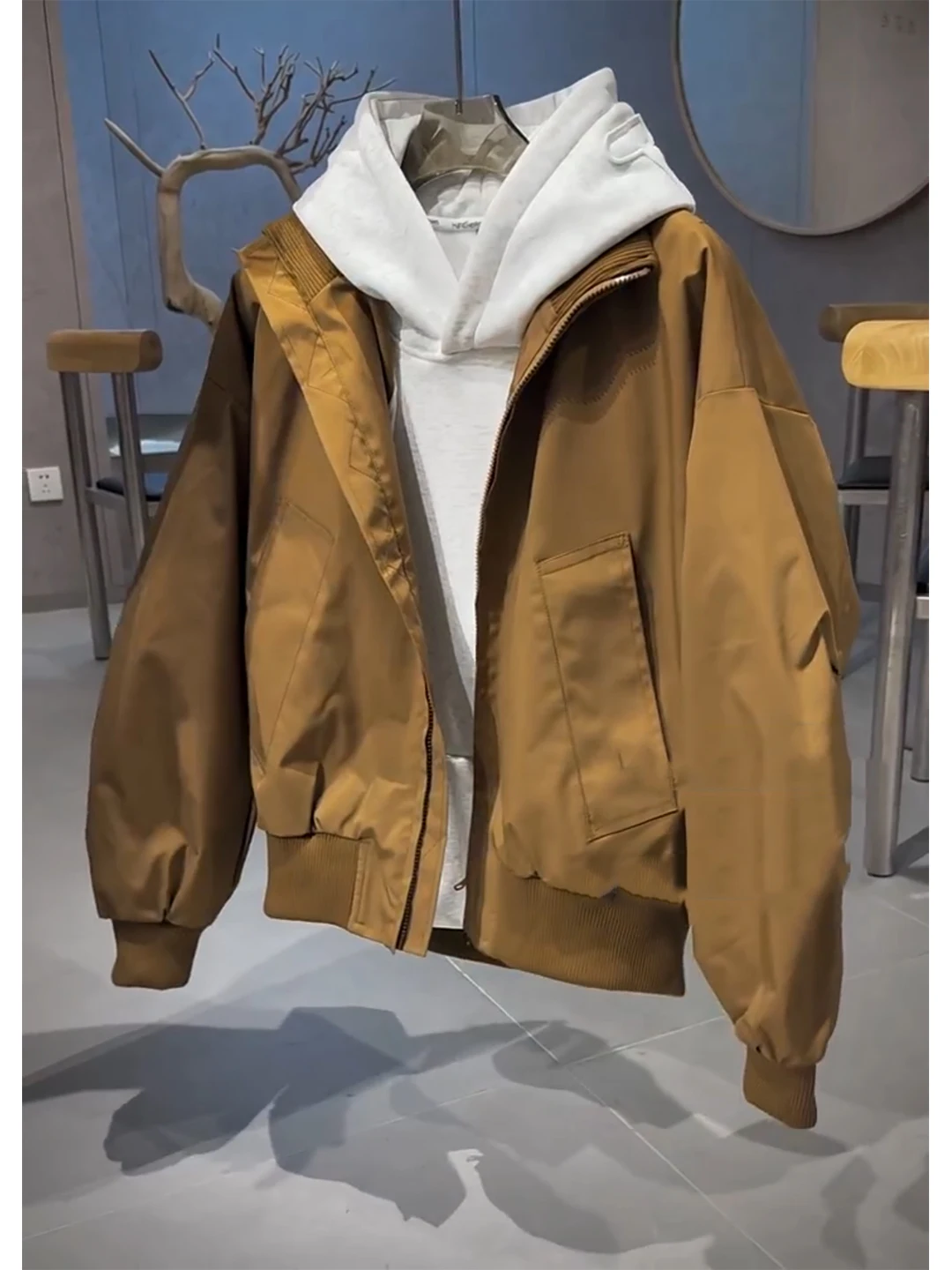 

Khaki Stand Collar Flight Jaet Men's ort Sle Baseball irt American Boxy ape Outerwear Autumn Season Youth Casual Wear