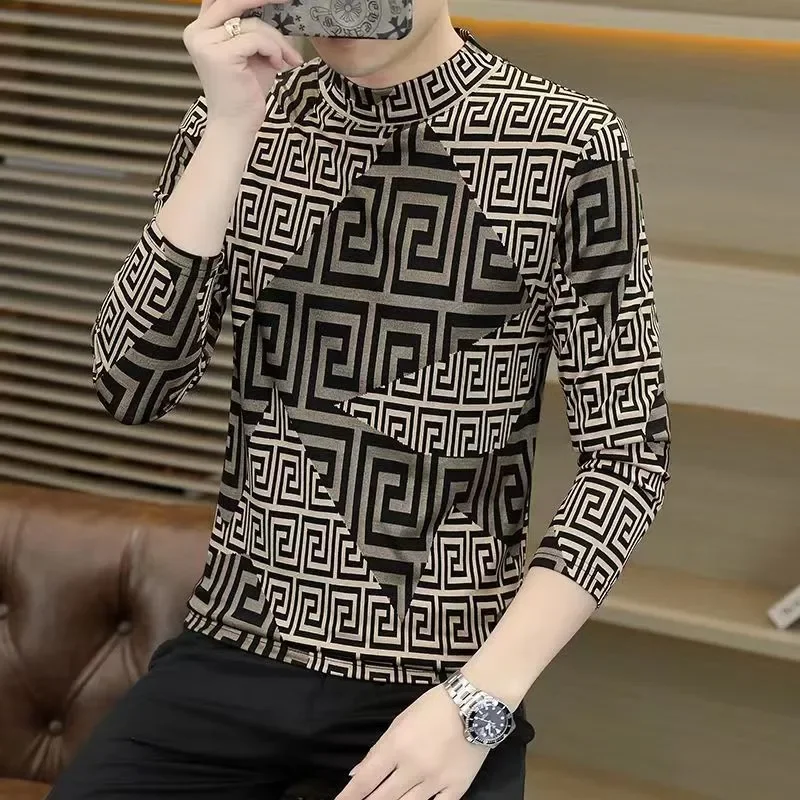 

European Station Men's Fashion Brand Autumn Bottoming Shirt Leopard Print Casual Tops Half Turtleneck Autumn Coat T-Shirts