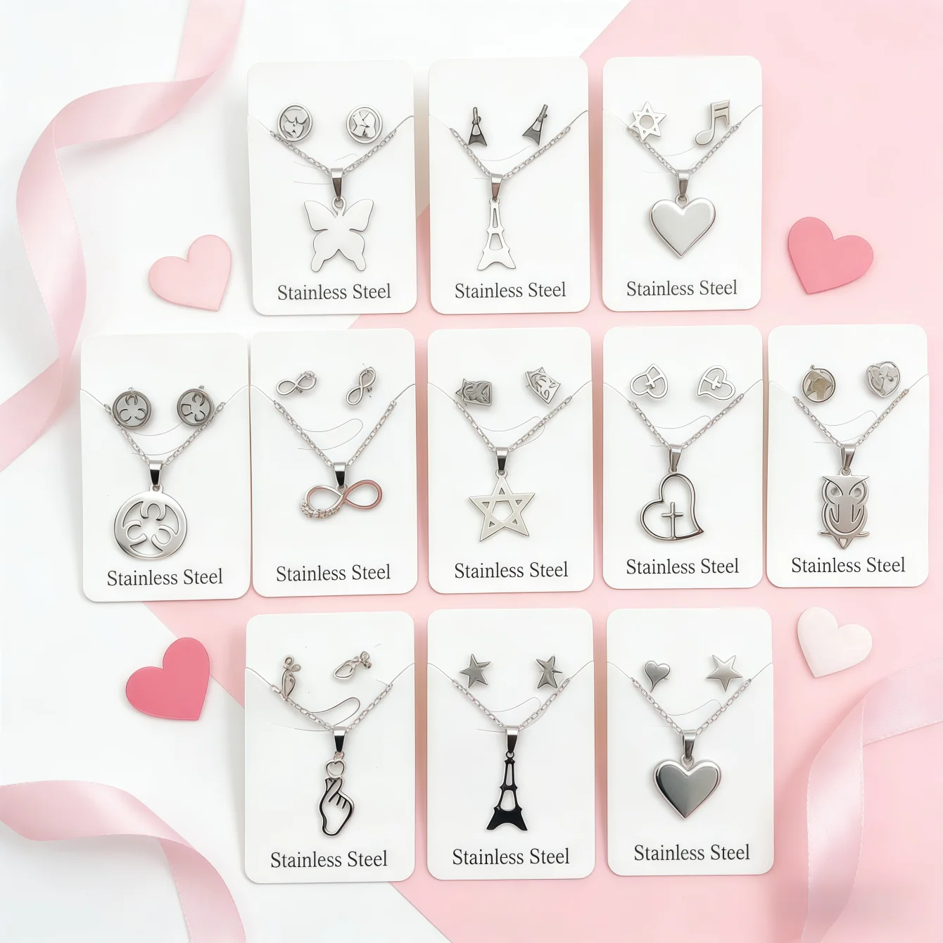5/10/15/20/25/30Set Fashion Butterfly Heart Stainless Steel Earrings Necklace Set For Women Mix Style Trendy Jewelry Party Gifts