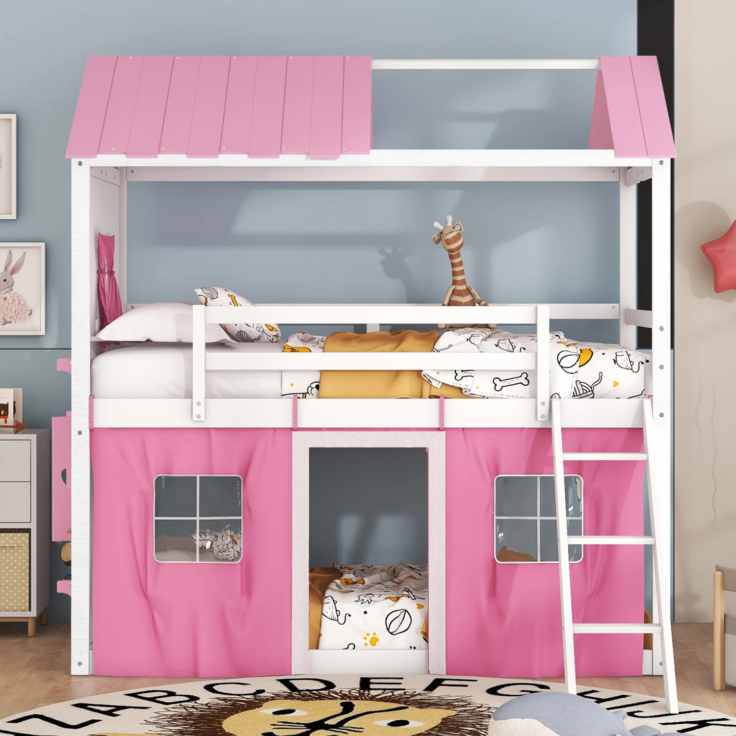 Twin Size Bunk Wood House Bed with Windows, Tent - Pink+White